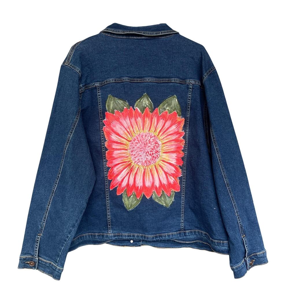 Miladys Denim Jacket‎ Womens 22 Blue Floral Hand Painted Trucker Stretch Plus - Picture 2 of 10